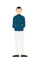 Simple illustration of a man in a blue turtleneck with his arms folded.
