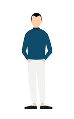Simple illustration of a man in a blue turtleneck with his hands in his pockets