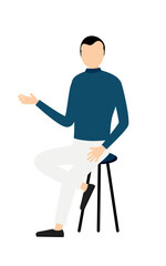 Simple illustration of a man in a blue turtleneck talking while sitting in a chair