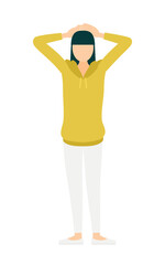 Simple illustration of a woman in a khaki-colored parka with her hands behind her head
