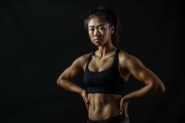 Naklejka premium Fit asian female athlete posing in dark gym. Neural network AI generated