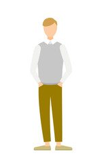 Simple illustration of a man in a gray vest with his hands in his pockets