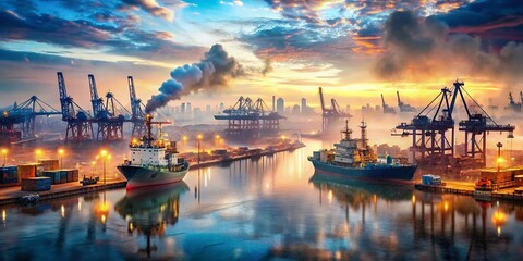 Fototapeta premium Double Exposure: Busy Shipyard with Container Ships and Cranes - Industrial Port Scene