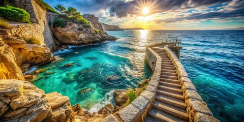 Obraz premium Double Exposure: Cala Santanyi Stone Steps & Ocean Waves