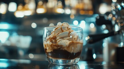 Obraz premium Affogato in Glass, Bar Counter, Night