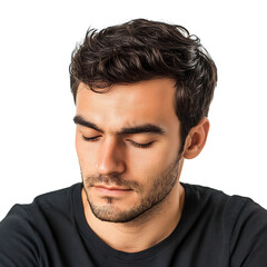 Obraz premium A Man Sitting Down Looking Down Isolated on Transparent Background