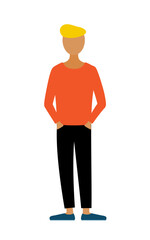 Simple illustration of a man in a red shirt with his hands in his pockets