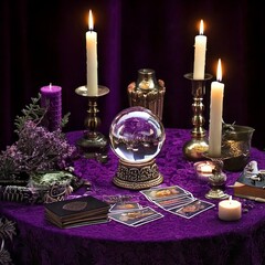 Mystical table with a violet tablecloth, crystal ball, tarot cards, candles, chalice, dagger, and incense in an enchanted atmosphere.“