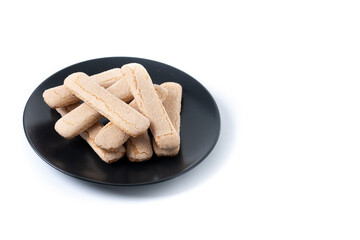 Italian biscuits ladyfingers savoiardi isolated on white background. Copy space