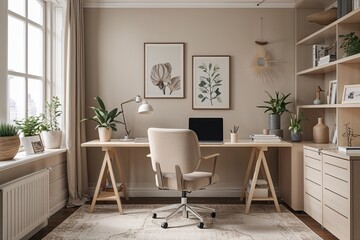 Fototapeta premium Cozy Neutral Freelance Workspace Design with Soft Colors and Functional Furniture