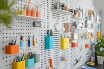 Minimalist pegboard wall organizer for office supplies and storage.