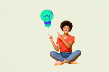 3d sketch poster trend collage of happy american girl point light bulb idea finding electricity...