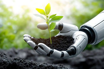 Hand of robot holding handful of soil with planting green sprout plant. Robotic hand grow sapling in fertile ground. Seedlings as an interaction of ecology and technology, beginning of new in future