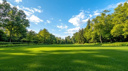 Obraz premium A lush green landscape with trees under a bright blue sky, creating a serene and tranquil outdoor environment, Green Technology.