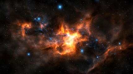 Naklejka premium Vibrant cosmic nebula with bright orange and blue hues, showcasing stellar formations and distant stars