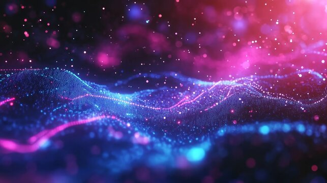 The image features a stream of particles set against a blue and purple backdrop filled with numerous glowing particles, evoking an information technology theme and an abstract digital wave