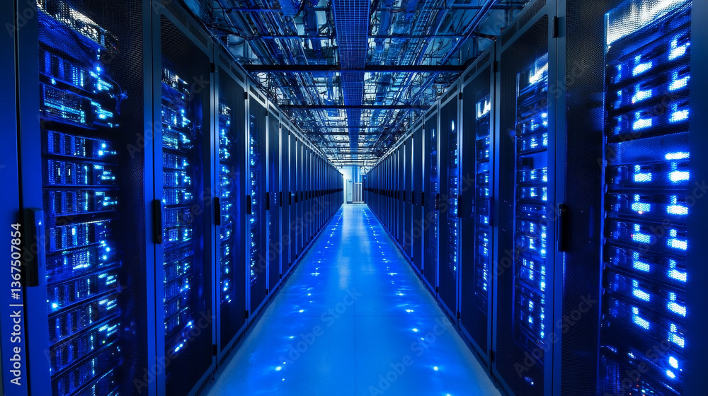 Poster server racks and cabinets full of hard drives inside large data center. advanced cloud computing con