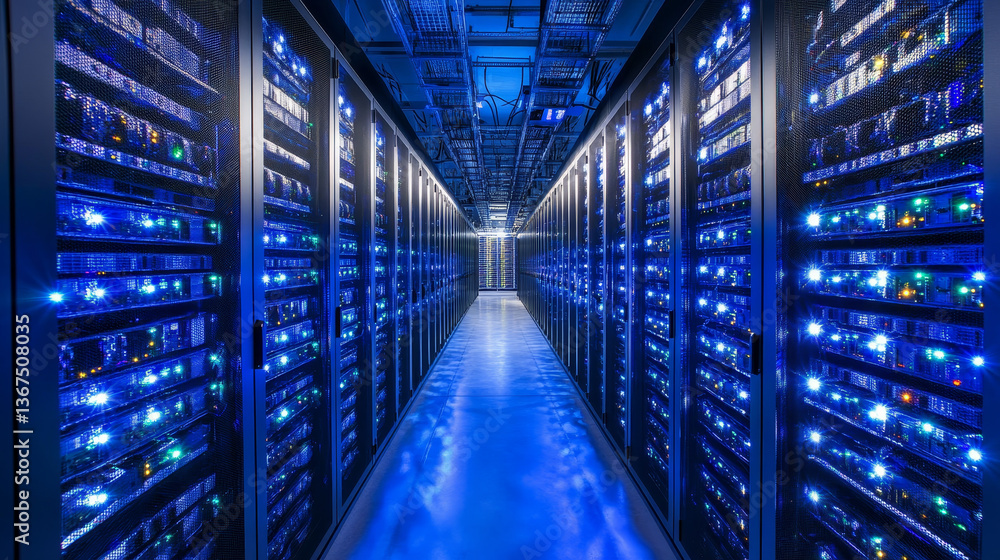 Poster server racks and cabinets full of hard drives inside large data center. advanced cloud computing con