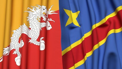 Flags of BHUTAN and CONGO DEMOCRATIC REPUBLIC with realistic cloth texture