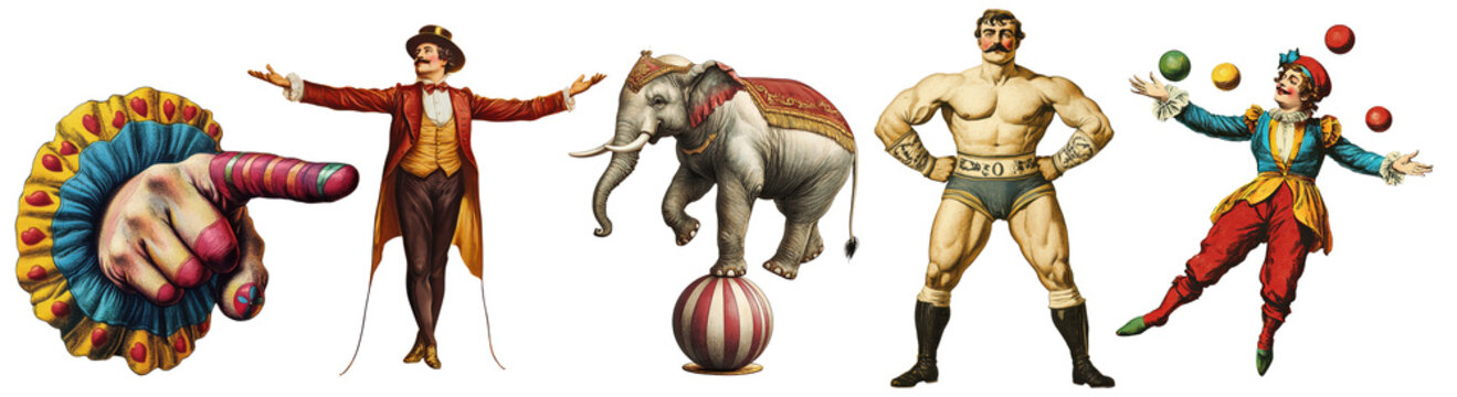 A set of vintage circus show retro design elements. Transparent background