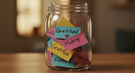 Gratitude Jar Filled with Colorful Sticky Notes with Handwritten Words of Appreciation and Thankfulness