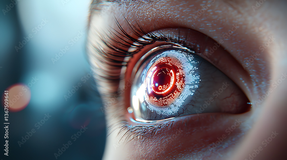 Poster dynamic cybernetic eye displaying advanced technology futuristic urban setting digital art close-up 