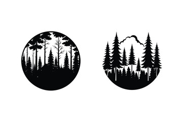Circular Forest Silhouette Designs Nature, Trees, Mountains, Icons, Graphics