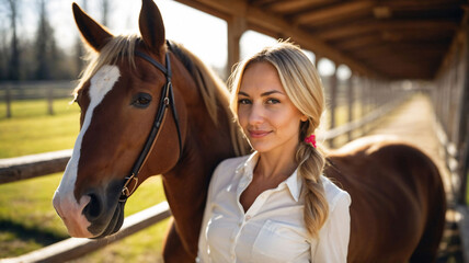 Obraz premium Woman standing next to horse at the horse stud in countryside. Equestarian and horseback riding hobby. Woman horse rider