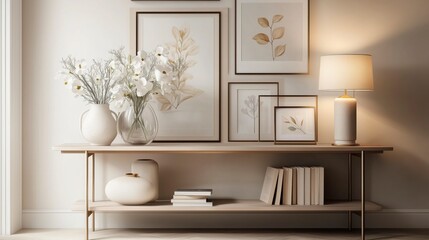 Elegant Console Table. Framed Botanical Art, Pampas Grass, Vases, Books, Lamp. Minimalist Beige Setting. Zoom Virtual Background. Virtual Meeting. Cozy Interior Backdrop, Stylish Contemporary Spaces