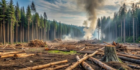 Smoke rises above a recently clear-cut forest, showing the aftermath of logging and the potential for wildfire