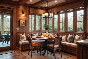 Charming Breakfast Nook with Warm Wooden Decor and Cozy Ambiance