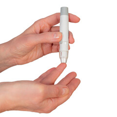 Measuring blood glucose with a glucometer using a fingertip blood sample for diabetes management at...