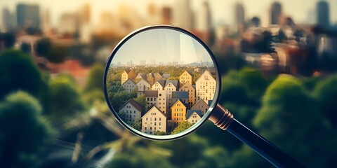 A magnifying glass over small houses, real estate market concept, blurred background, stock photo style. bokeh background