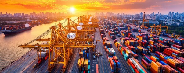 A vibrant sunset over a bustling shipping port filled with colorful containers and cranes, set against a city skyline.