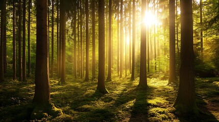 Obraz premium Sunlight Streaming Through Tall Trees in a Dense Forest Landscape