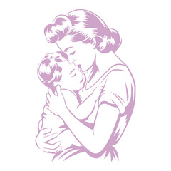 Lavender Lullaby Vector Portrays a Mother's Gentle Embrace with Her Elegant Vintage Hairstyle, and Tenderly Kisses
