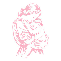 Elegant Mother's Tender Kiss Bestows Comfort and Security Upon Her Precious Child in This Timeless Vector Illustration