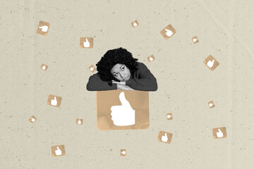 Poster creative collage of girl lying big social media like feel dreamy on pastel background