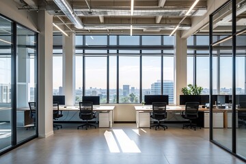 Spacious Open Office Design with Large Windows for Improved Collaboration and Team Productivity