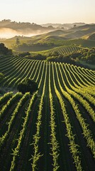 Fototapeta premium Aerial view of vineyard rows creating patterns in green hills at dawn