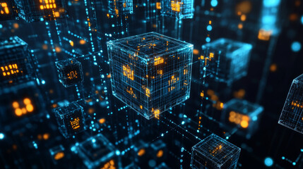 Isometric concept of quantum computers, blockchain, IT technology or coding. Information blocks in cyberspace. Decentralized network. Vector illustration