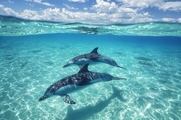 Naklejka premium Two dolphins swim gracefully in clear turquoise waters under a bright sky, showcasing the beauty of marine life and ocean ecosystems.