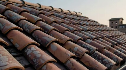 Aged clay roof tiles in dappled light with urban backdrop at sunset - Powered by Adobe
