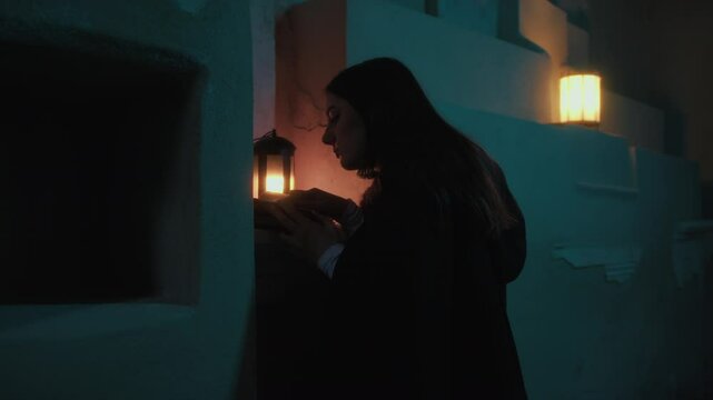 Silhouette Of Mysterious Woman Reads Holy Book At Night In A Crypt