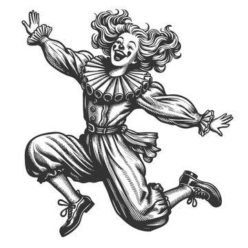 recommend clip art: joyful clown mid-jump, wearing a vintage ruffled outfit with striped pants and playful expression sketch engraving generative ai vector illustration. Scratch board imitation. Black and white image.