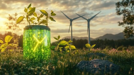Wind turbines generating clean energy, filling up a glowing green battery with fresh leaves growing around it.