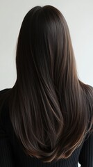 Naklejka premium Beautiful model girl with Brown hair strand,silky healthy chestnut wavy hair strand,hair wavy ribbon, with smooth,Keratin straightening,Treatment,straight long hair,procedures,Smooth hairstyle.