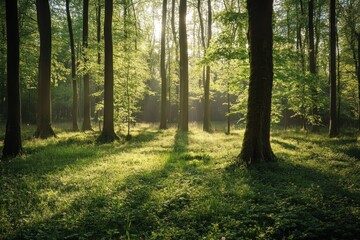 Obraz premium A spring woodland, bursting with fresh greenery and warmed by soft sunbeams.