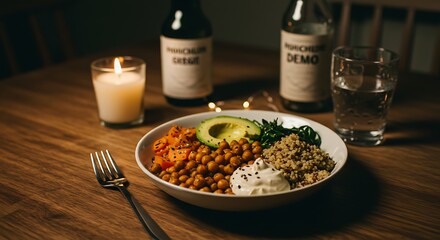 Enjoying a Vegan Bowl Dinner with Candlelight and Drinks at Home