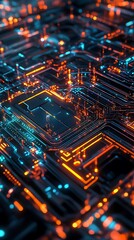 Obraz premium Futuristic Circuit Board with Glowing Blue and Orange Lines